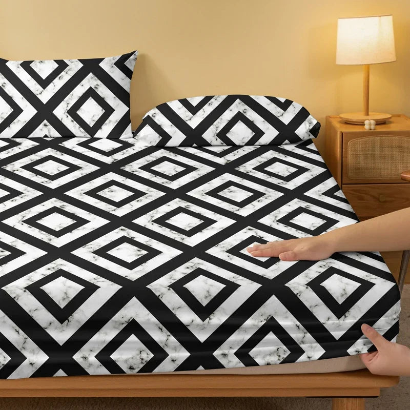 1 piece of black and white back patterned frosted bedsheet, bedroom