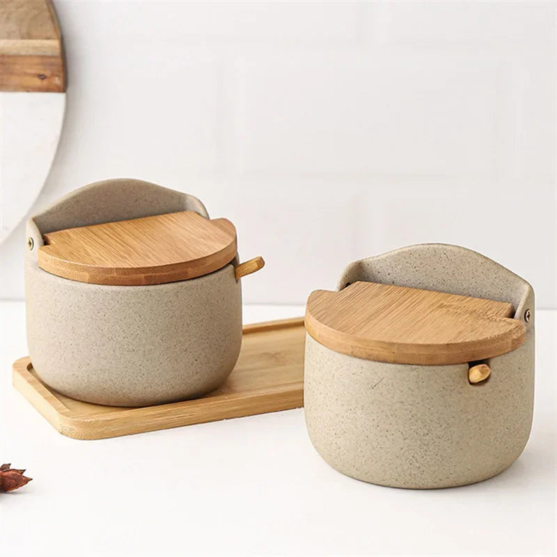 Japanese Style Ceramic Seasoning Jar Bamboo lid Spice jar With Spoon