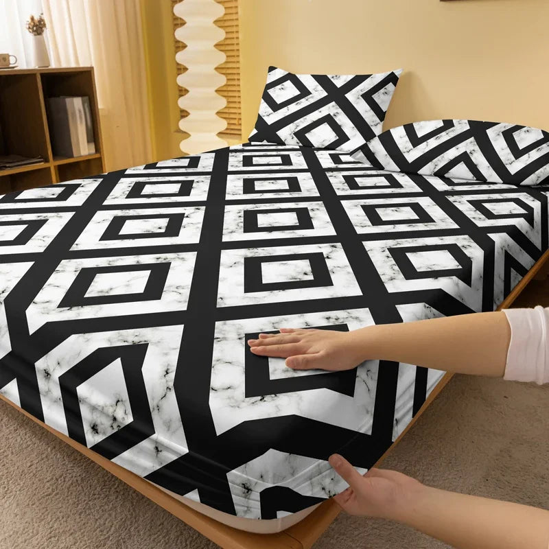 1 piece of black and white back patterned frosted bedsheet, bedroom
